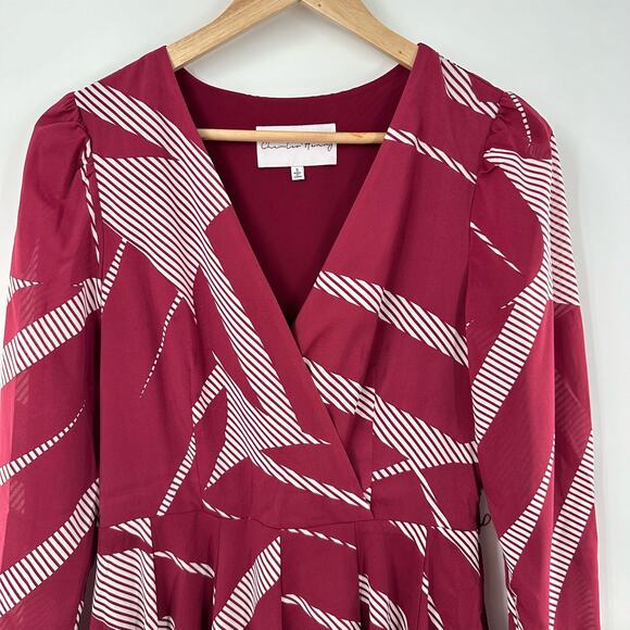 Charles Henry‎ Size S Dress Printed Mini Long Sleeve Dress V-Neck Burgundy Geo - Picture 2 of 13
